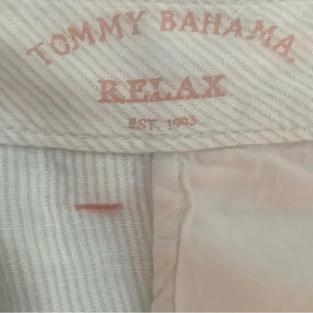 Tommy Bahama Relax Linen Shorts Mens 40 Beige Striped Casual Flat Front 5 Pocket